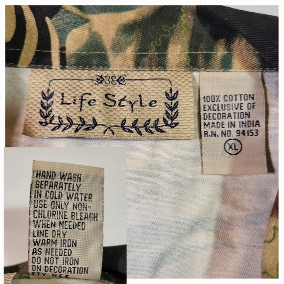 LIFE STYLE Tan and Green Embellished Jungle Floral Denim Shirt Jacket - Size XL - Picture 3 of 4